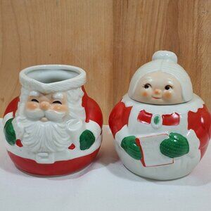 Avon Santa Mrs Claus Sugar Creamer Set 80s rolypoly holiday festive ceramic vtg